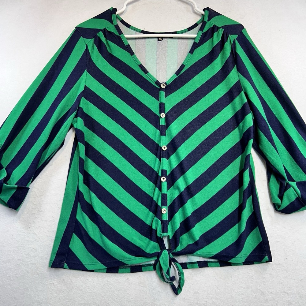 Womens L Blue & Green Blouse Shirt Striped Adrienne Vittadini Button Decal Tied